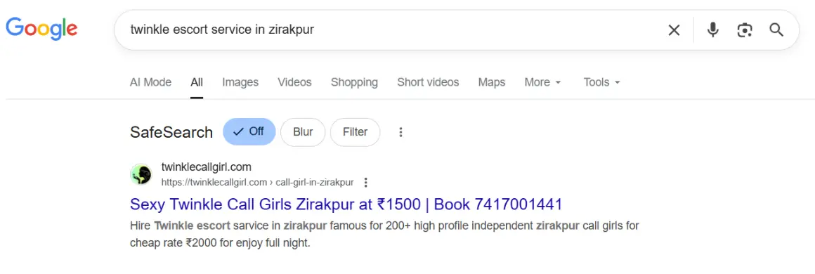 screenshot result keyword type on google 'twinkle escort service in Zirakpur'